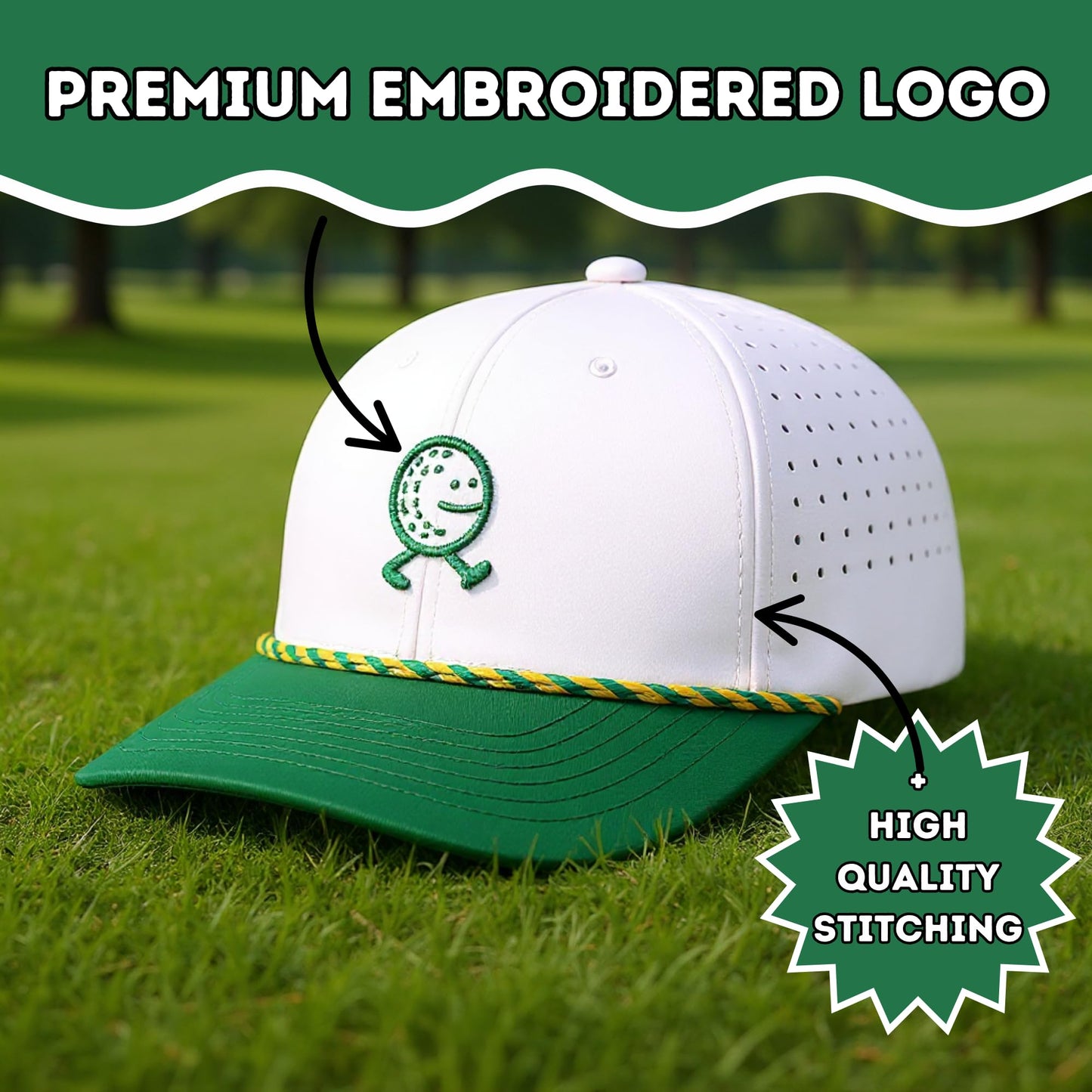 HahaHome Funny Golf Hat, Walking Golf Ball Rope Hat - Fun Golf Hat with White & Green Snapback Golf Cap - Embroidered Logo, Breathable Perforated Sides, Water Resistant Coating, Adjustable Fit