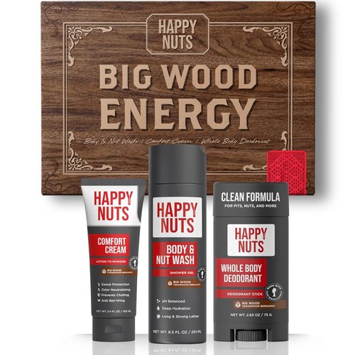 HAPPY NUTS Men's Gift Hygiene Kit | Big Wood Energy Box with Deodorant, Body Wash & Comfort Cream
