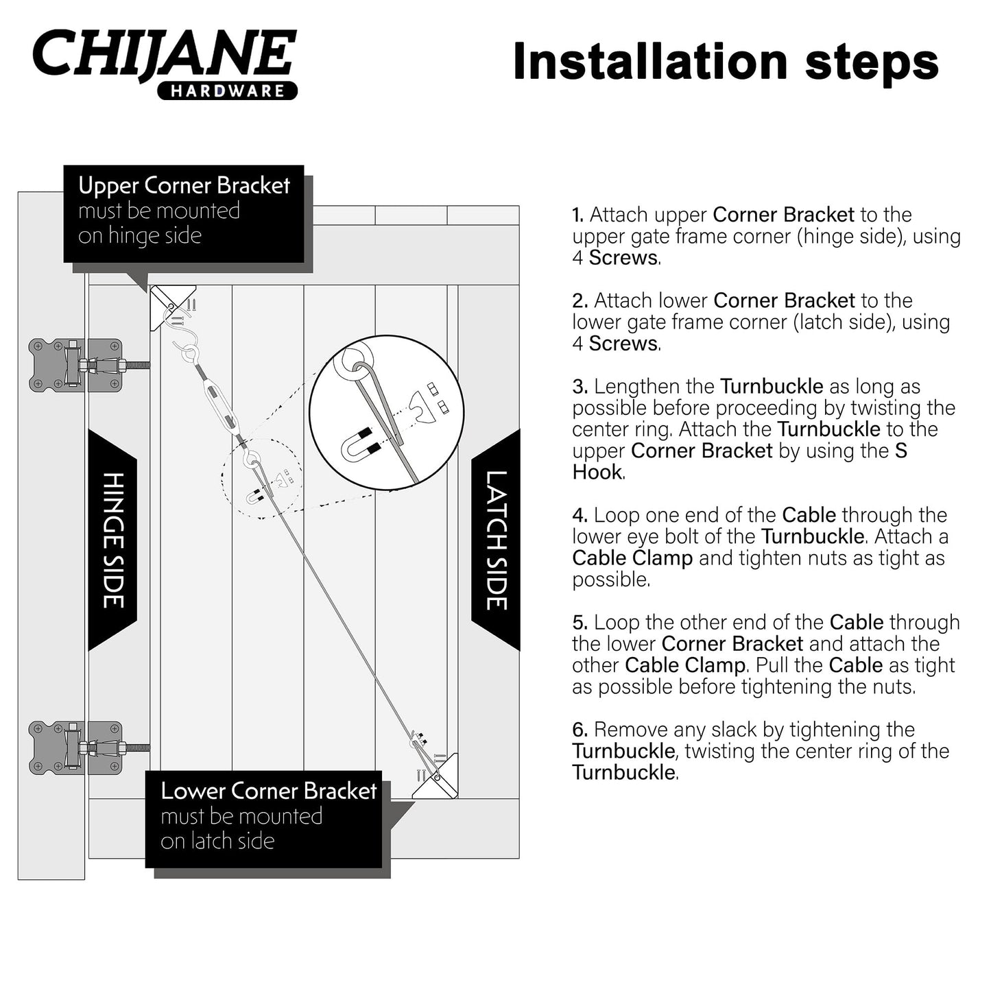 CHIJANE Durable Anti Sag Gate Kit Gate Hardware Support Cable Set for Sliding Gate,Steel Fence Door Repair Kit Anti-Sagging Gate Kit Gate Latch for Wooden Fence Outdoor, Black No Sag Gate Frame Kit