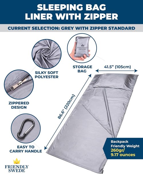 Friendly Swede Sleeping Bag Liner - Ultralight Polyester & Microfiber Adult Sleep Sack | Compact Travel Sheets
