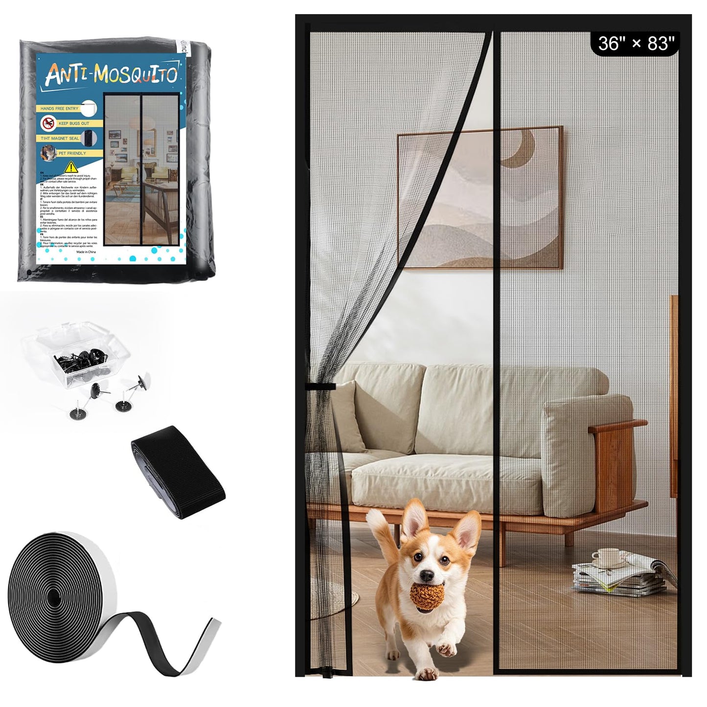 YOUBST Magnetic Screen Door Mesh Keeps Bugs Out: Door Screen Magnetic Closure 36" x 83" Fits Door Size 34" x 82" - Magnetic Door Curtain Heavy Duty Fiber Fabric Washable - Hands Free Entry