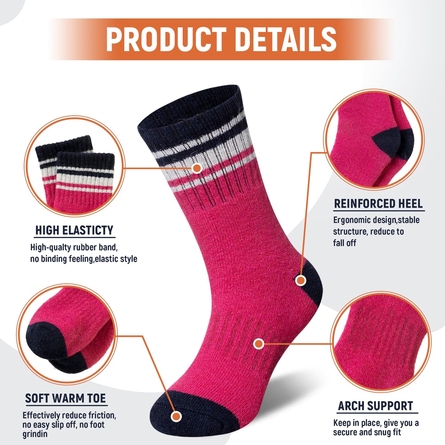 AMENLAN Kids Merino Wool Hiking Socks Boy Girls Winter Thick Boot Cushion Warm Thermal Crew Socks 6 Pairs (Purple Stripes,8-12 Years)