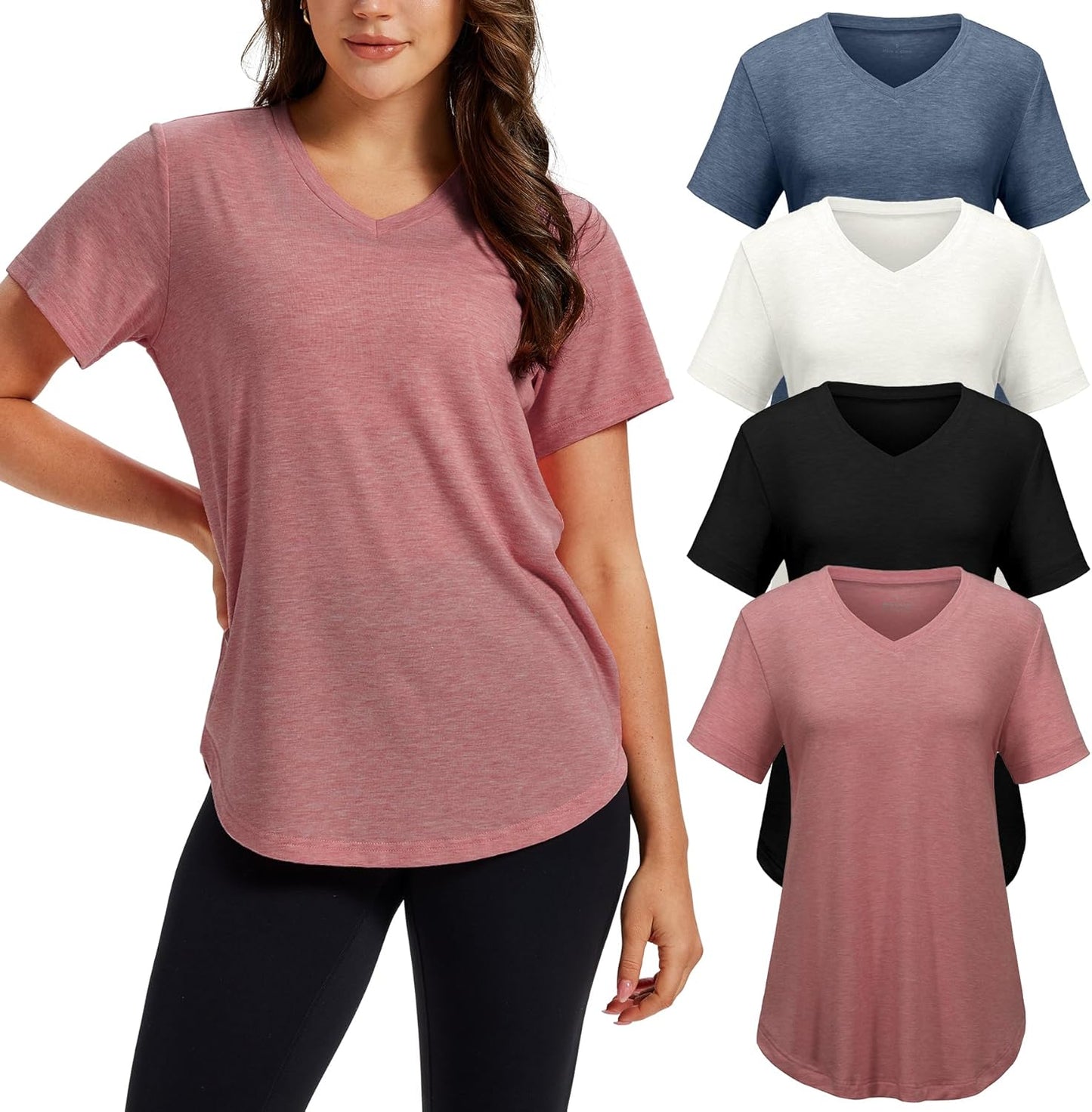 Skiennix V-Neck T-Shirts for Women - Casual Short Sleeve Tops | Plus Size, Loose Fit, 4 Pack