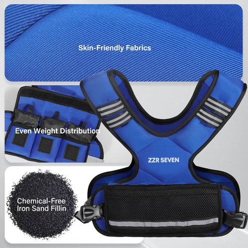 ZZR SEVEN Weighted Vest for Women and Men, 4-10lbs/11-20lbs Adjustable Weighted Vest with 6 Iron Sand Weights, Running Vest for Strength Training, Workout, Running, Fitness, Weight Loss (Blue, 4-10lb)