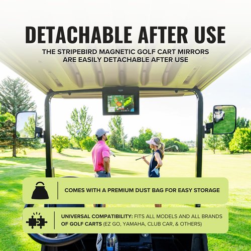 Stripebird - Magnetic Golf Cart Mirrors 2.0 (Black) - No Drilling - Ultra-Strength Magnet - 2 Folding Side Mirrors - EZ Go Accessory - Club Car Accessory - Golf Cart Accessory