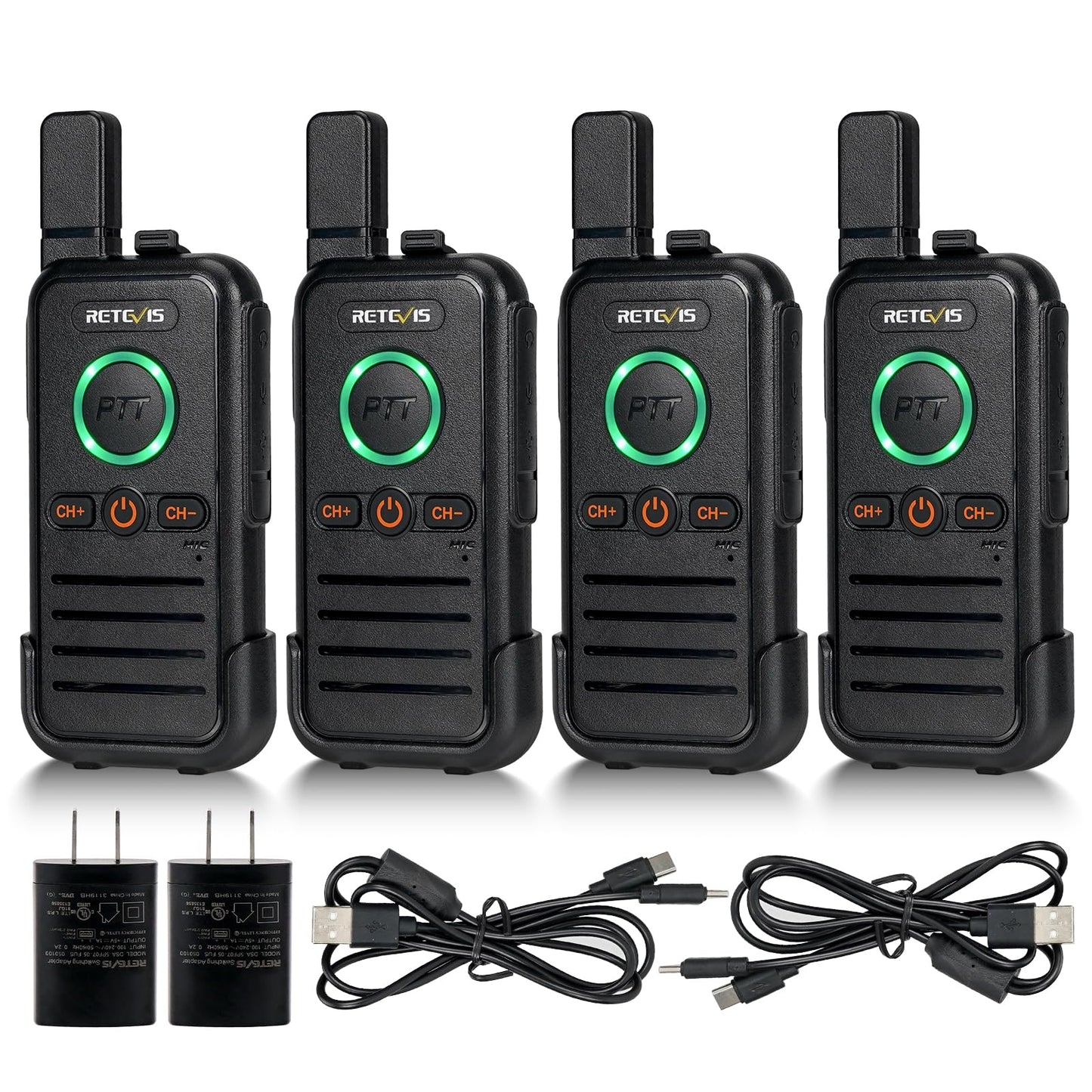 Retevis RB45 Walkie Talkies for Adults, Two Way Radio Long Range Rechargeable, Dual PTT, 2-in-1 USB-C Charging Cable, Small, Mini,16 Channel for Camping Hiking Family Travel School Restaurant(4 Pack)