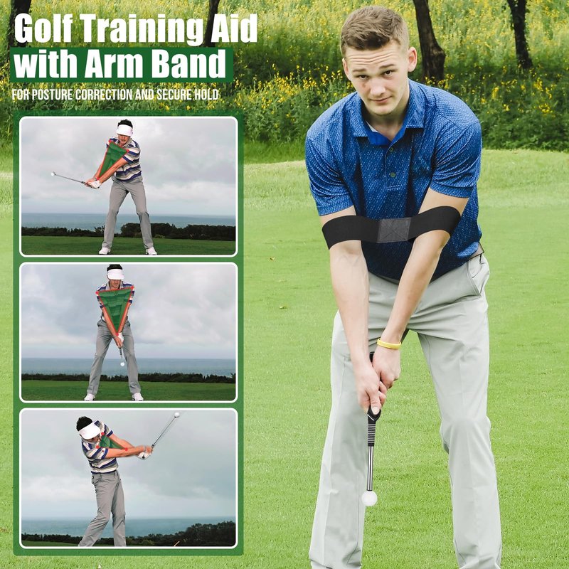 BAIRBRE Retractable Golf Swing Training Aid, Golf Grip Trainer for Swing Tempo & Chipping Practice, Right-Handed Golf Swing Trainer with Arm Band for Beginners, Indoor Outdoor Practice