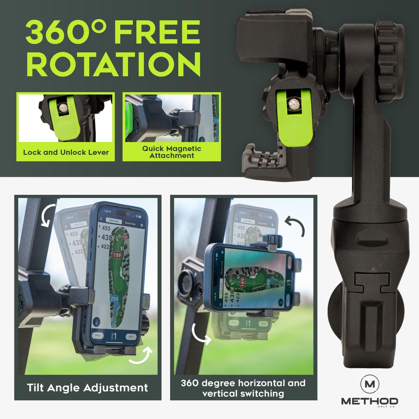 Method Golf RiderStack Magnetic Golf Cart Phone Holder – Heavy Duty Magnet Mount for iPhones & Android with Magnetic Rangefinder Strap- Magnetic Phone Holder Compatible with EZGO, Club Car & Yamaha