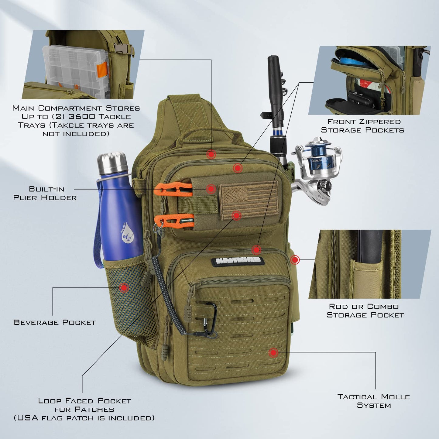 KastKing BlowBak Fishing Sling Bag With Rod Holder,Gear Storage,Khaki