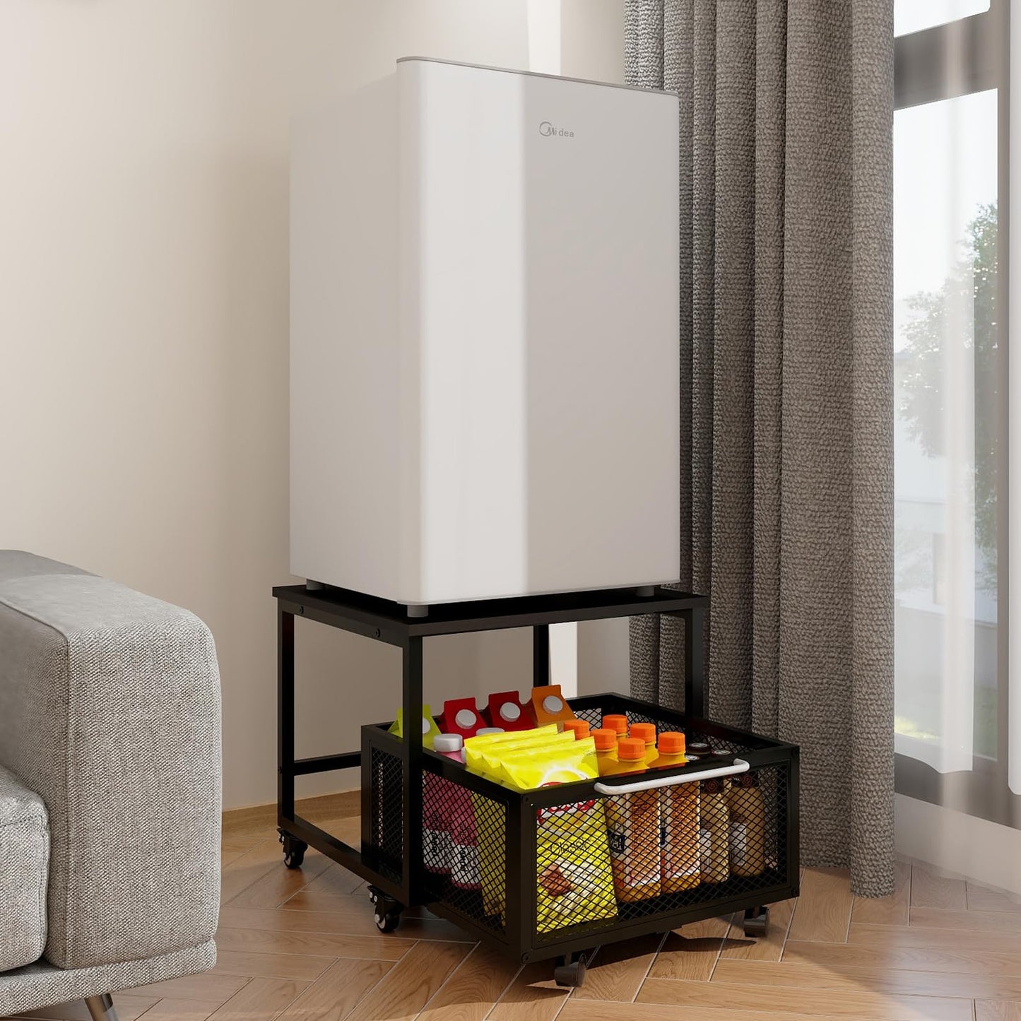 PUNCIA 19.7x19.7in Fridge Stand with Storage Mobile Beverage Refrigerator Stand for Coffee Bar Dorm Fridge Cart for Compact Refrigerator Mini Fridge Organizer with Drawer Basket for Home Office