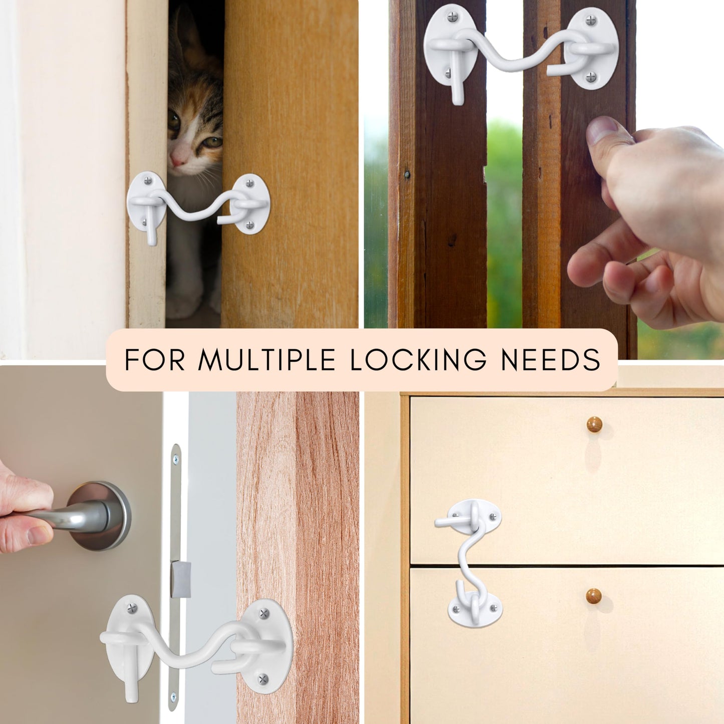 Eco-Fused 3-inch Heavy Duty Hook and Eye Latch - 2X Barn Door Lock (White), 8X Mounting Screws - Powder Coated Stainless Steel Hooks for Door, Windows, Sheds, Fences, Gates, Closets, Cabinets