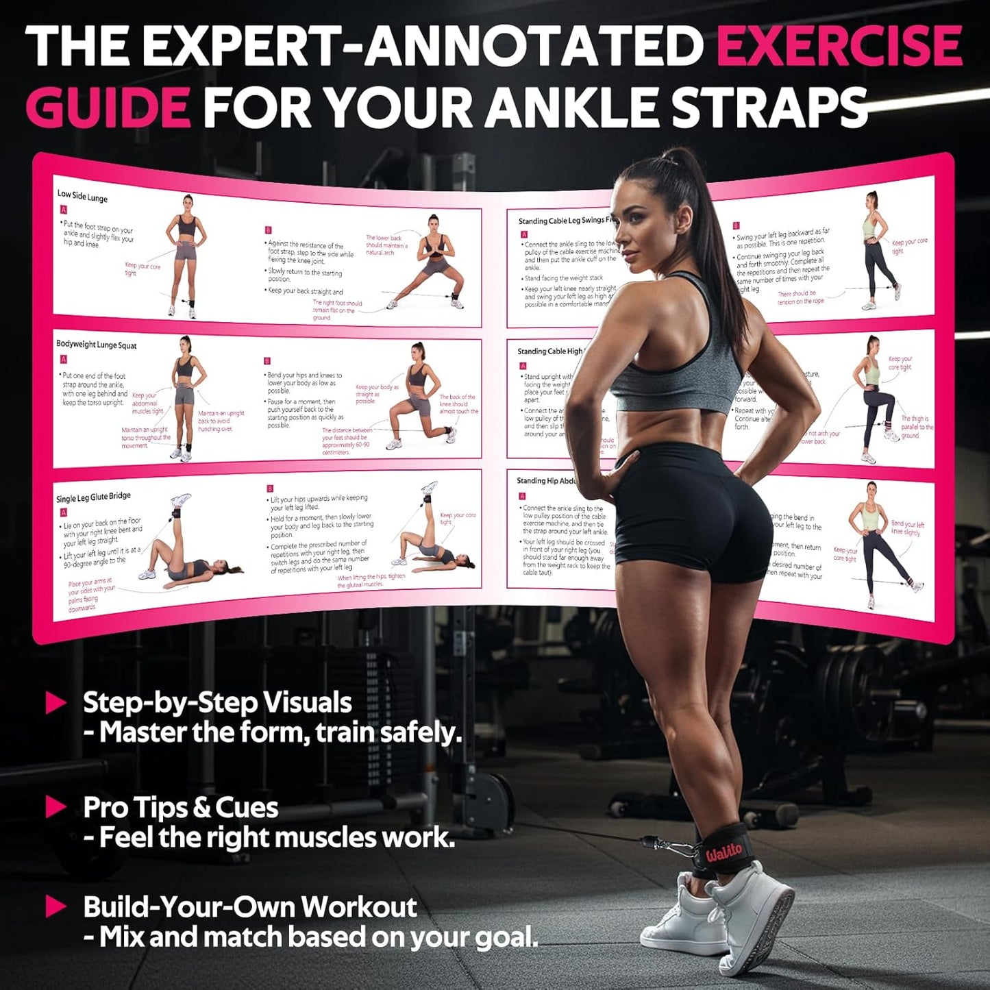 WALITO Gym Ankle Straps - Adjustable Cable Machine Accessories for Glute Kickbacks & Leg Workouts