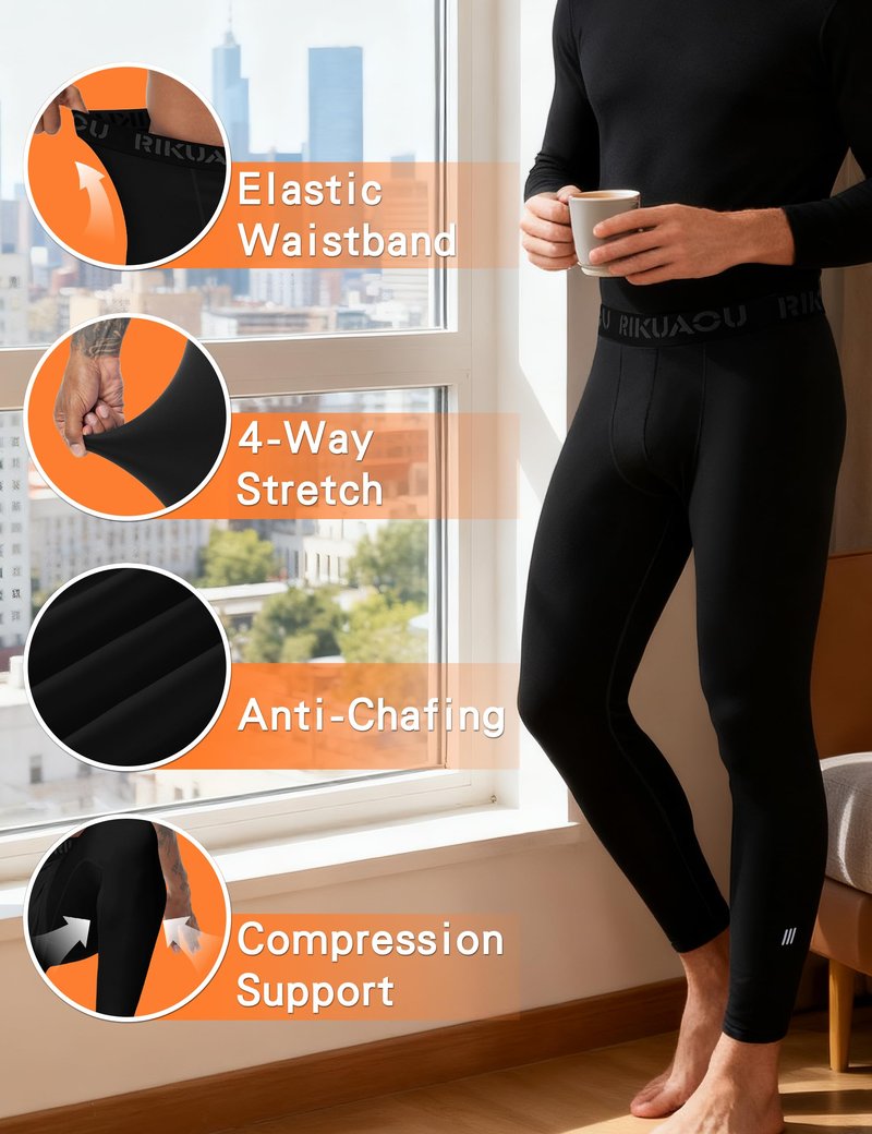 RIKUAOU Mens Thermal Compression Pants, Fleece Lined Athletic Leggings Running Tights, Cold Weather Base Layer Winter Gear Black