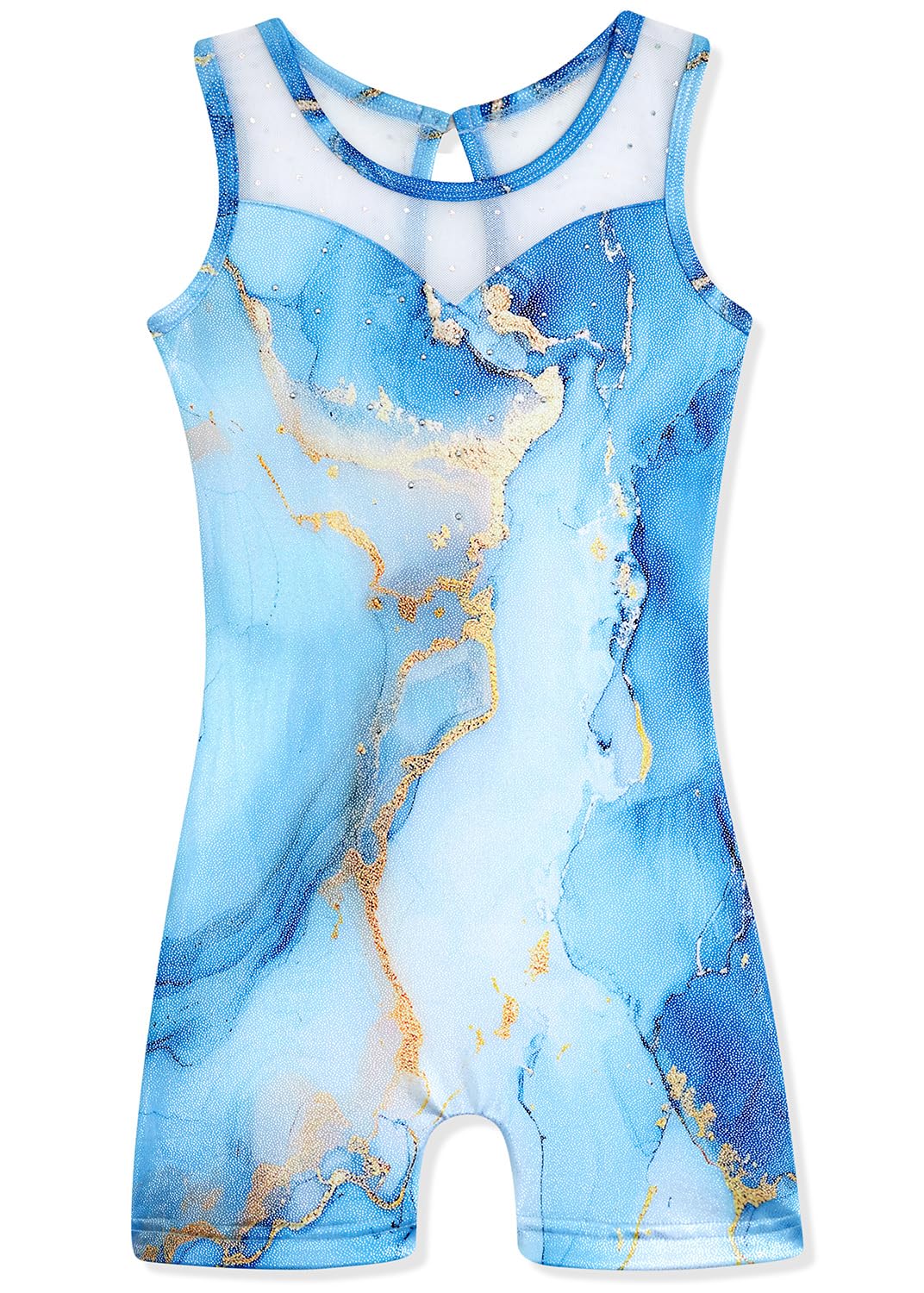 HOZIY Girls Gymnastics Leotards Size 7-8 Years Diamond Falling Rhinestone Blue Marble White Spliced Tumbling Outfits Biketard Practice Ropa De Niña Para Gimnasia Suit