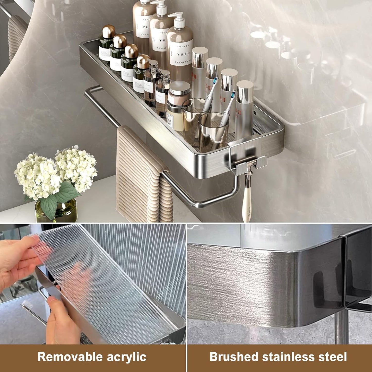 Wall Mounted Glass Bathroom Shelves - 2-Tier Floating Organizer in Black