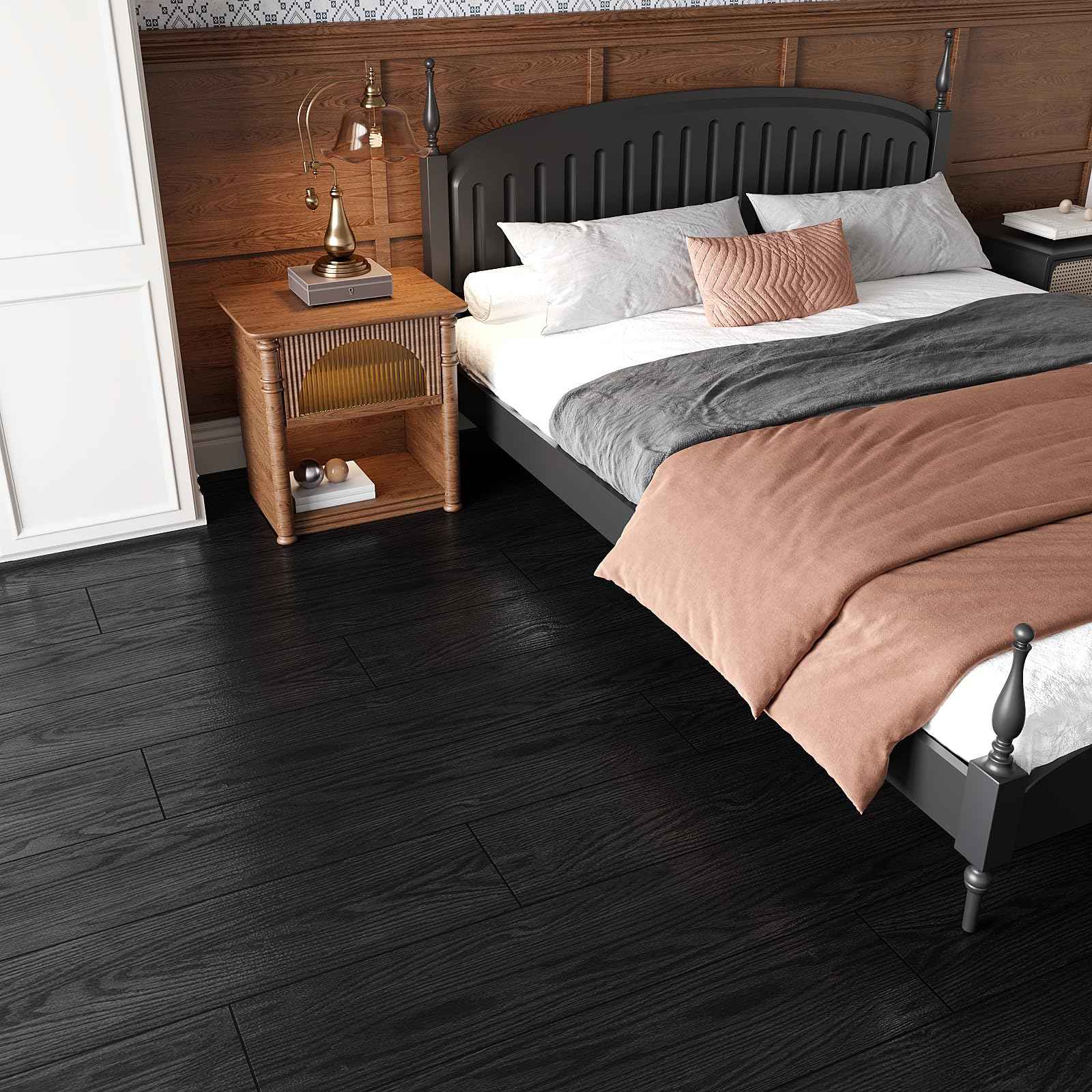 VEELIKE Black Peel and Stick Floor Tile Waterproof Vinyl Plank Flooring with Low Gloss Finish Adhesive Wood Look Flooring 32-Pack 47 Sq. Ft. Sticky Floor Tiles for Bedroom Bathroom Kitchen 6''x36''