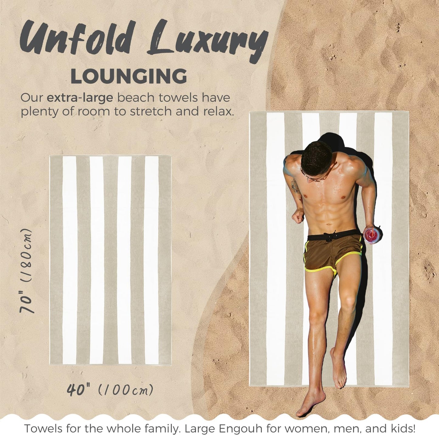 WEDPLAN Cotton Oversized Beach Towel - 40 x70 Inch Extra Large Striped Pool Towel, Big Soft Terry Cloth Beige Cabana Swim Towel