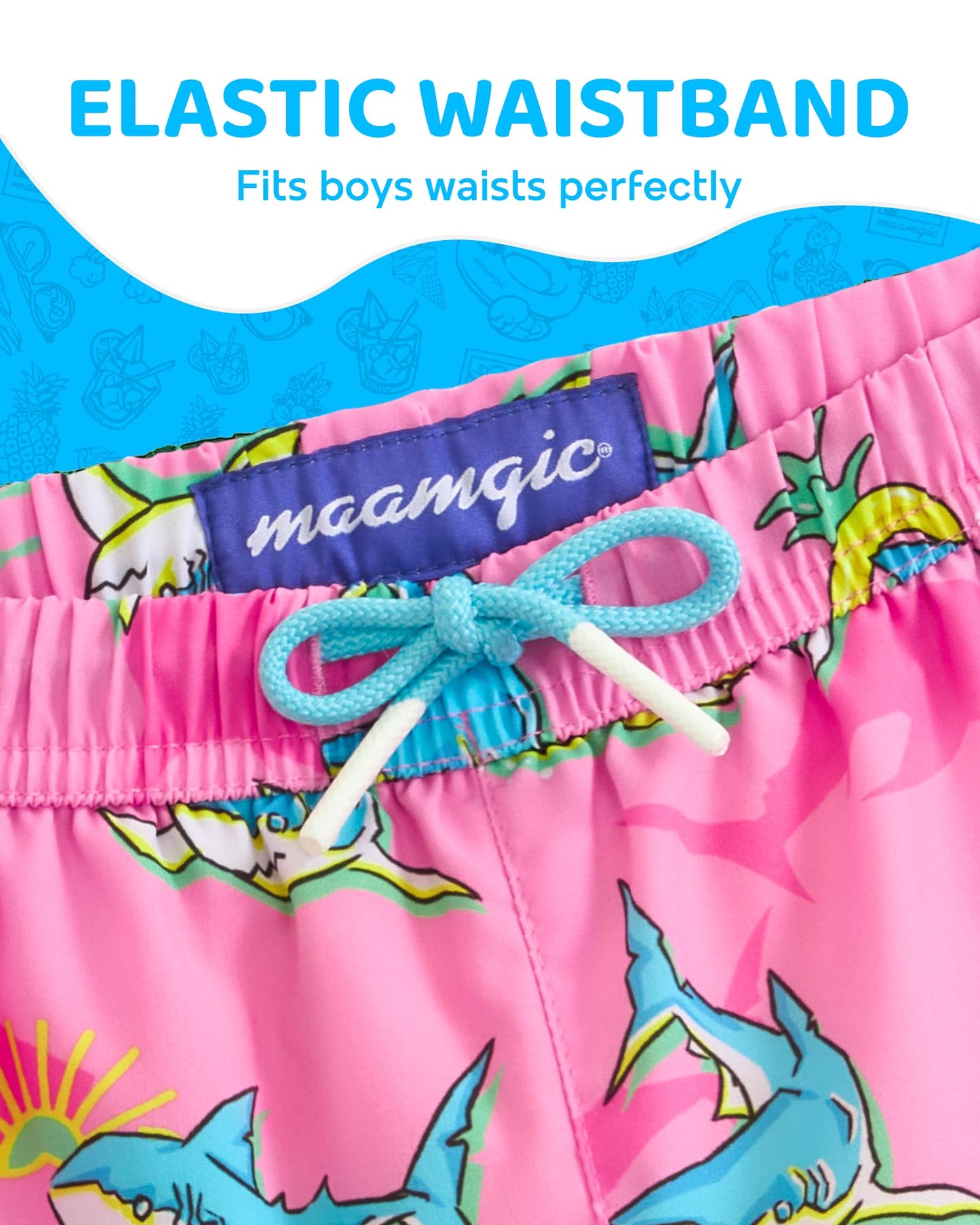 maamgic Boys Swim Trunks with Compression Liner 4-Way Stretch Quick Dry Bathing Suit Toddler Beach Shorts Peach Pink Shark 5-6 Years