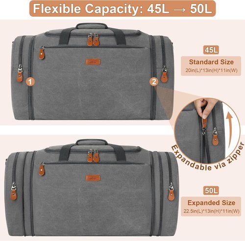 Canvas Men's Duffle Bag - Expandable 50L Travel Weekender with Toiletry Bag & Removable Shoulder Strap