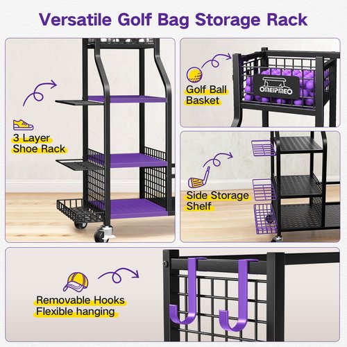 Golf Bag Storage Garage Organizer, Golf Bag Storage Stand and Other Golfing Equipment Accessories Rack, Golf Bag Storage Rack with Wheels, Golf Organizer for Home, Garage, Club, Shed, Basement