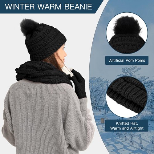 Double Couple 4pcs Winter Beanie Hat Scarf Touch Screen Gloves and Warm Knit Wool Socks Set for Women Knit Hat with Faux Fur Ball Scarves Glove