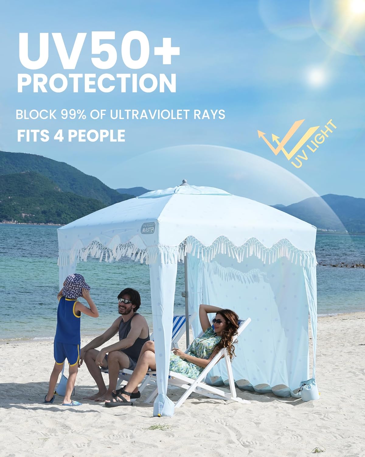 OutdoorMaster Beach Cabana - Portable 6' x 6' Canopy with Fringes & UPF 50+ UV Protection | Ideal for Family Fun