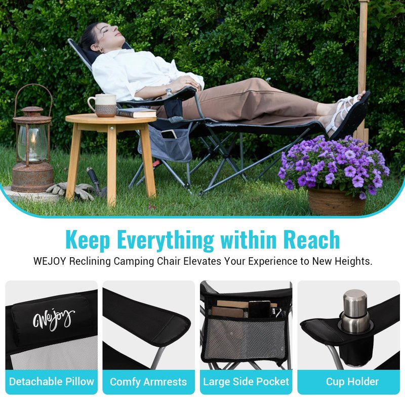 #WEJOY 2-in-1 Reclining Camping Chair with Footrest for Adults Folding Lounge Chair with Adjustable Backrest Lightweight Camping Chairs Heavy Duty Camp Chairs for Outdoor (1, Black Grey)