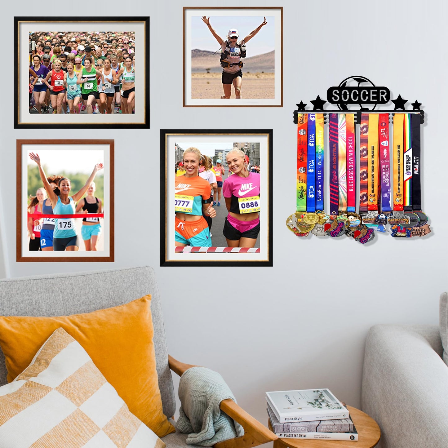 Goutoports Soccer Medal Display Hanger - Sport Award Ribbon Plaques Holder Rack for Wall Mount - Black Steel Metal Holder with 12 Hooks Hold Up 60 Medals Easy to Install
