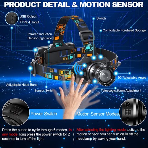 Headlamp Rechargeable, Bright LED Head Lamp with White Red Light, LED Headlamp Motion Sensor 90° Adjustable Zoomable 6 Modes Head Lights for Forehead for Adults Running Hunting Camping Hiking Fishing