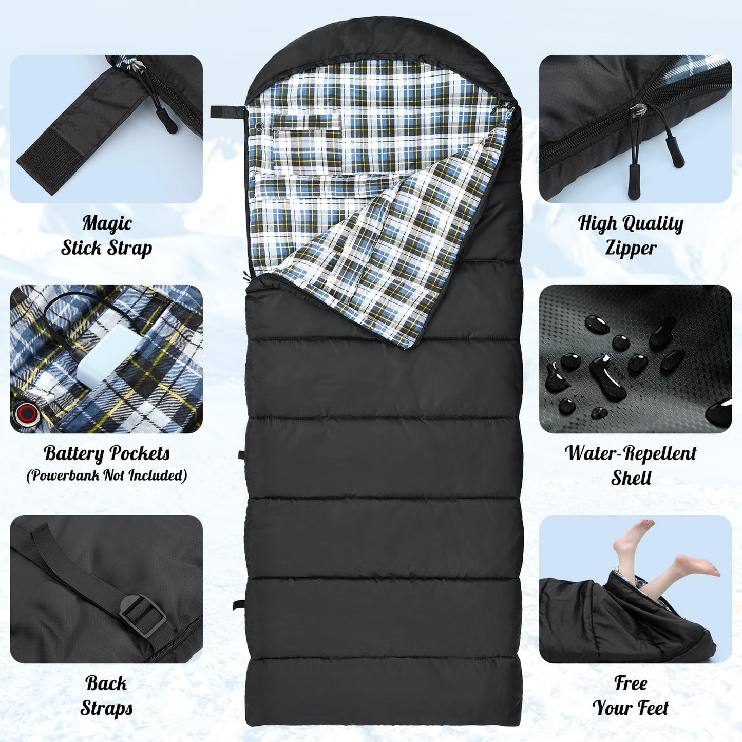 Sportneer Heated Sleeping Bag with 5 Heating Zones, Warm Flannel Cold Weather Sleeping Bag for Adults, 3 Heat Levels USB Powered (Power Bank Not Included), Winter Camping & Outdoor Hiking