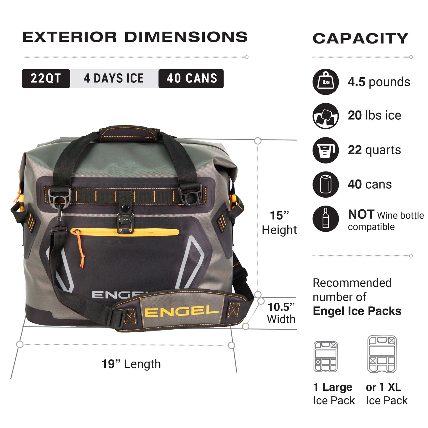 Engel HD20 High Performance Soft-Sided Cooler Tote Bag, Dark Gray & Orange