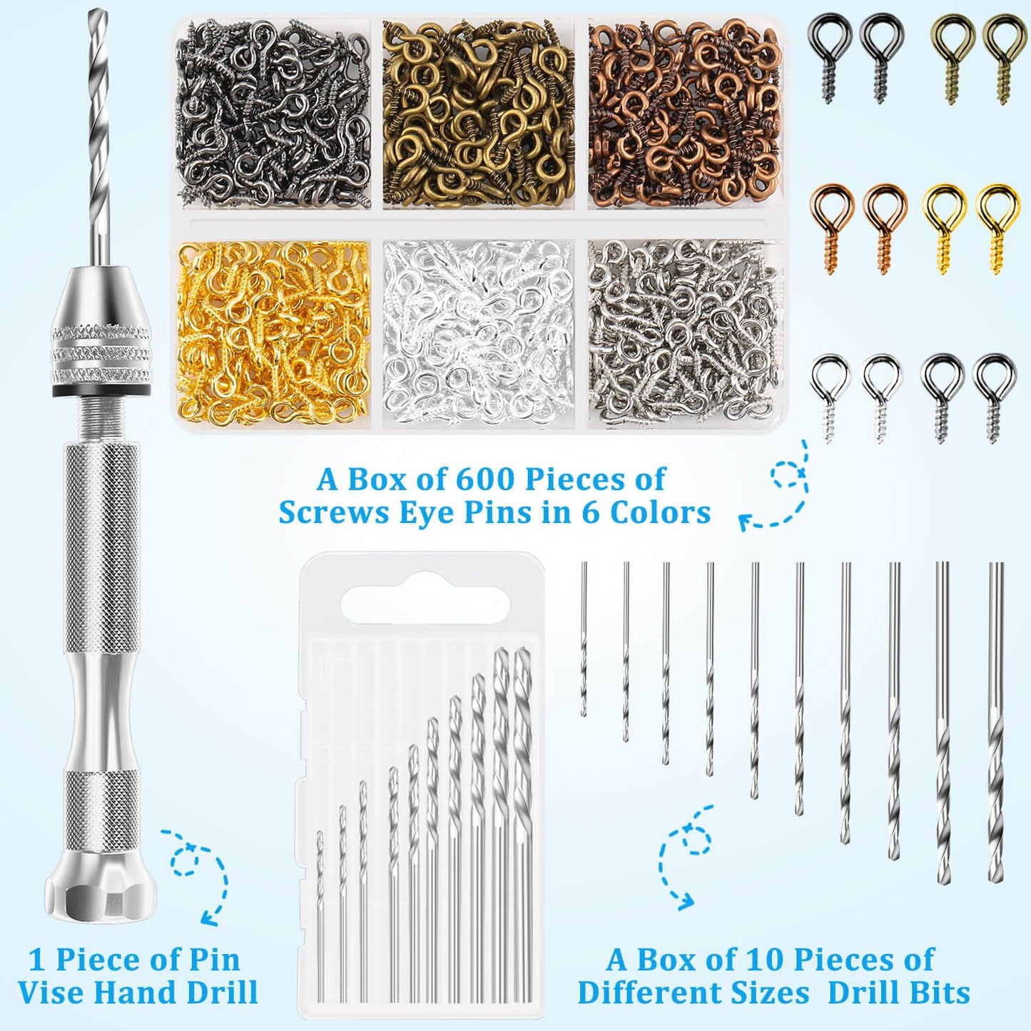 Shynek Pin Vise Hand Drill Set, Manual Hand Drill with 600PCS Small Screw Eye Hooks and 10 Different Sizes Drill Bits for Keychain, Jewelry Making and Crafts