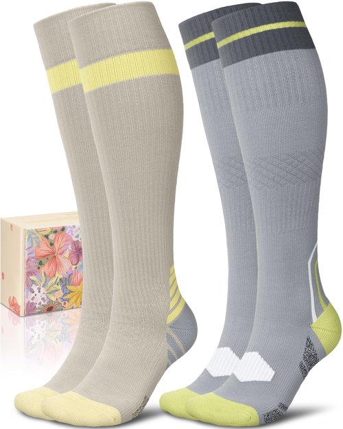 CTHH Thick Cotton Compression Socks for Women Men 15-20mmHg Cute Knee High Socks Support for Running, Travel, Nurses, Pregnant Women, Striped Stockings Cushioned, Beige/Light Grey, 2 Pack