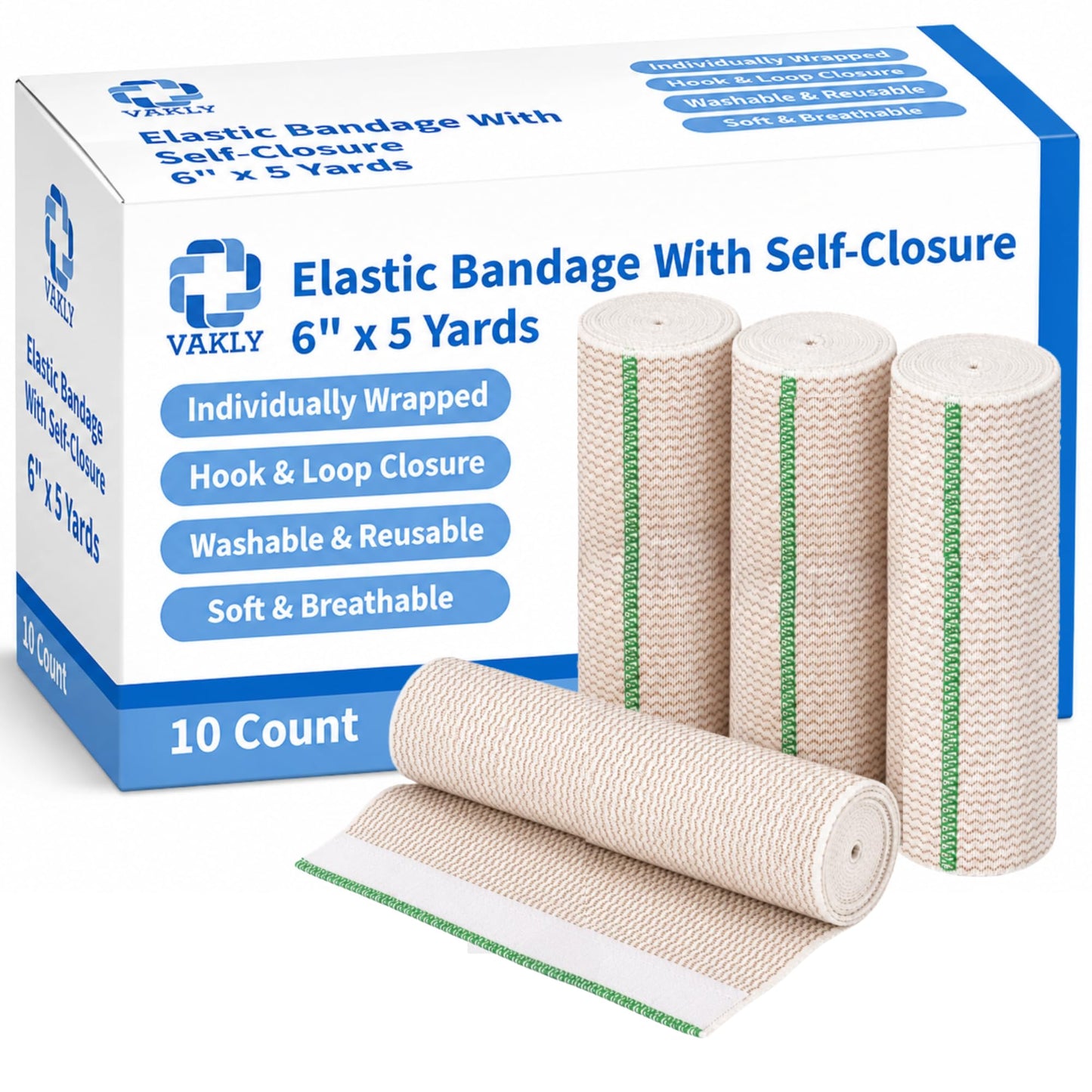 Vakly Elastic Bandage Wrap Roll 6" x 5 Yards (Pack) – Self-Closure Compression Bandage for Knee, Ankle & Wrist Support, First Aid Wrap for Sports, Sprains & Everyday Support