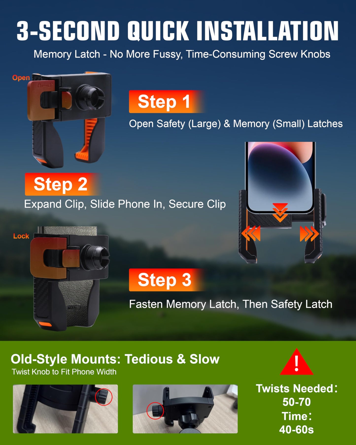 XEEP Golf Cart Phone Holder Mount, 3s Phone Clip Install, 1s Lock & Release, 360° Rotation Golf Phone Holder Compatible with EZGO/Club Car/Yamaha, Golf Cart Accessories for All 4.5-7"