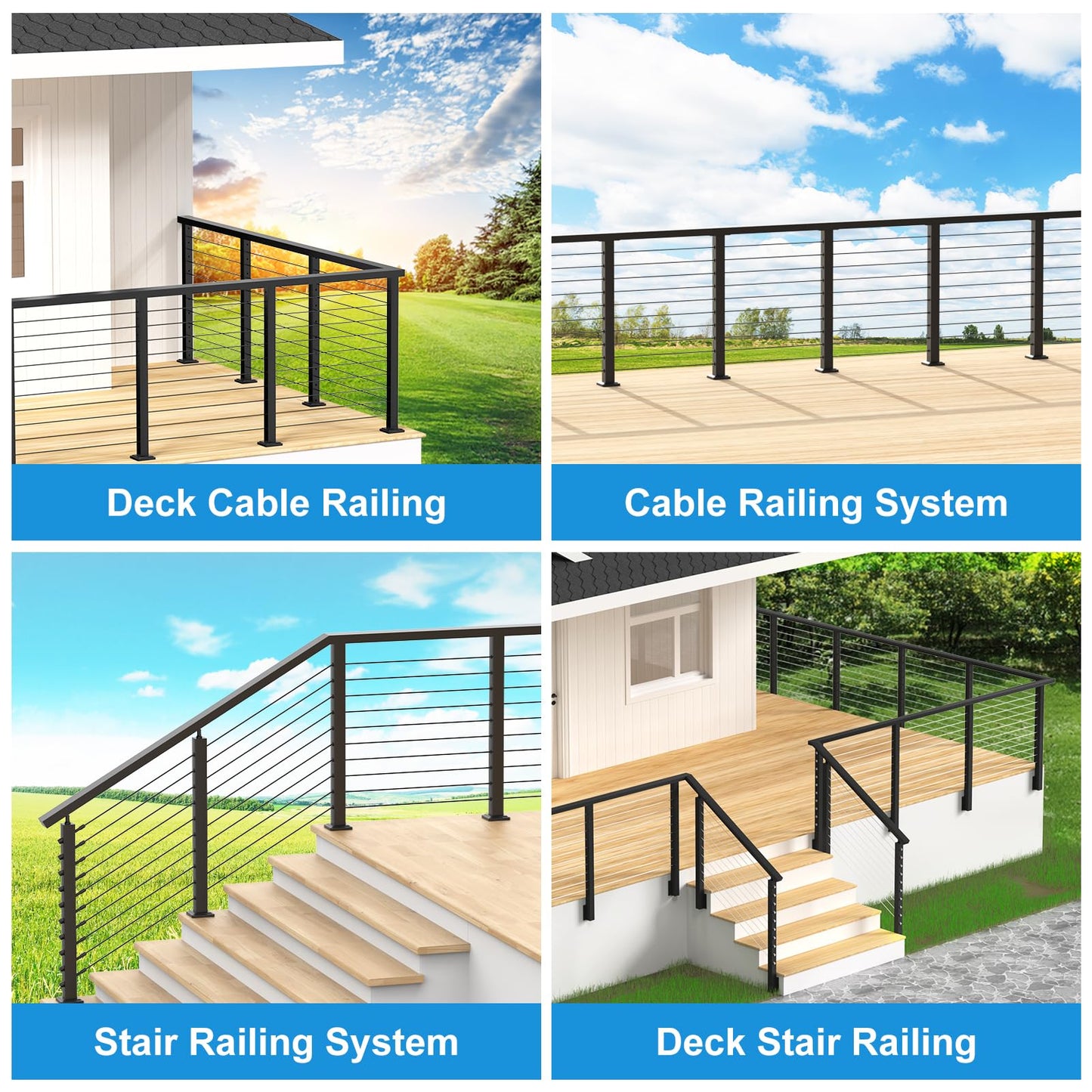 RailinGo 6'6'' Rectangular Cable Railing Handrail, Black Stainless Steel Handrail with Nylon End Caps for Stair Cable Railing System, Black Deck Cable Wire Railing Hardware Kits, RG01-H