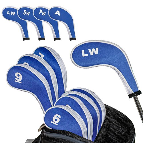 Golf Club 12pcs Thick Synthetic Zipper Long Neck Set Headcover Fit The Most Brands, Side Number Golf Iron Club Head Cover LW SW PW Covers #3,4,5,6,7,8,9
