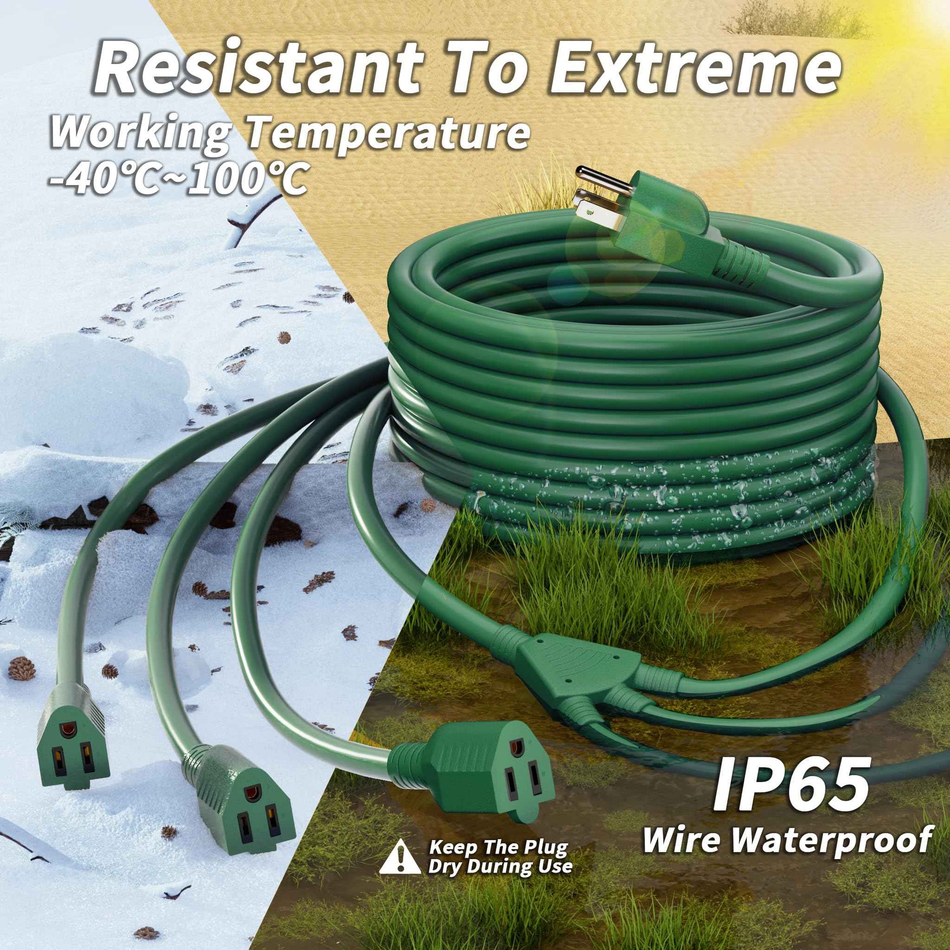 PlugSaf 1 to 3 Splitter Outdoor Extension Cord with Multiple Outlets; 25FT Total (7+6+6+6) 13FT End to End; 16/3 SJTW Green Extension Cord Outdoor Waterproof for Halloween Christmas; 16AWG 1625W ETL