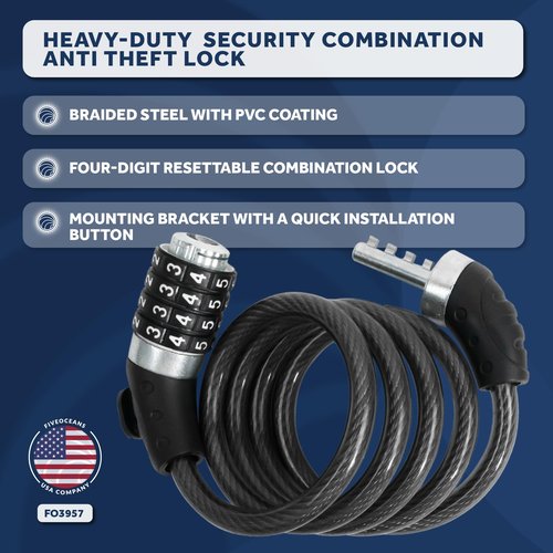 Five Oceans Bike Lock Cable, Combination Anti Theft Bike Locks Heavy Duty, Security Resettable Bicycle Lock with Mounting Bracket, 4 Feet Long for Bike, Motorcycle, Bicycle, Door, Gate, Fence - FO3957
