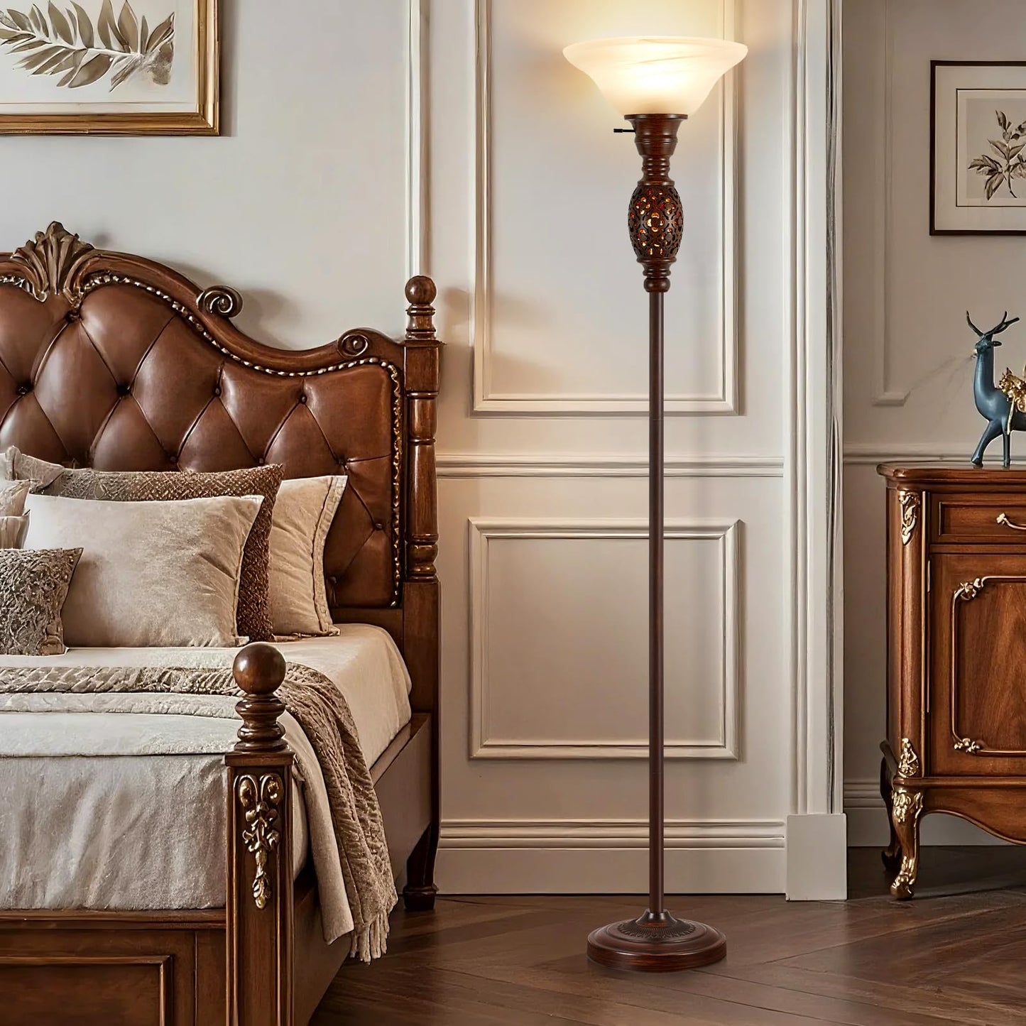 70" Torchiere Floor Lamp with NightLight - Victorian Style Standing Lamp for Living Room, Bedroom, Office - Retro Floor Lamps with Rotary Switch & Etched Glass Shade, Home Decor, Bulb Included