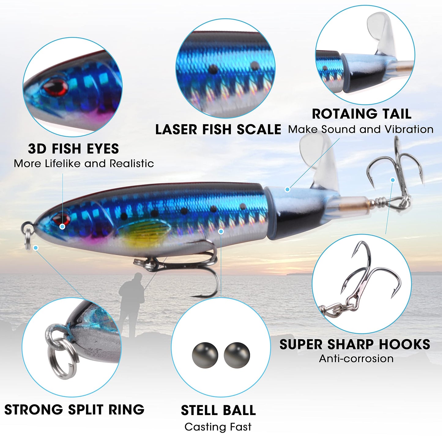 Bass Fishing Lures Set,Plopping Minnow Lure with Floating Rotating Tail Freshwater Artificial Hard Baits Swimbait Slow Sinking Lures for Trout Pike Walleye