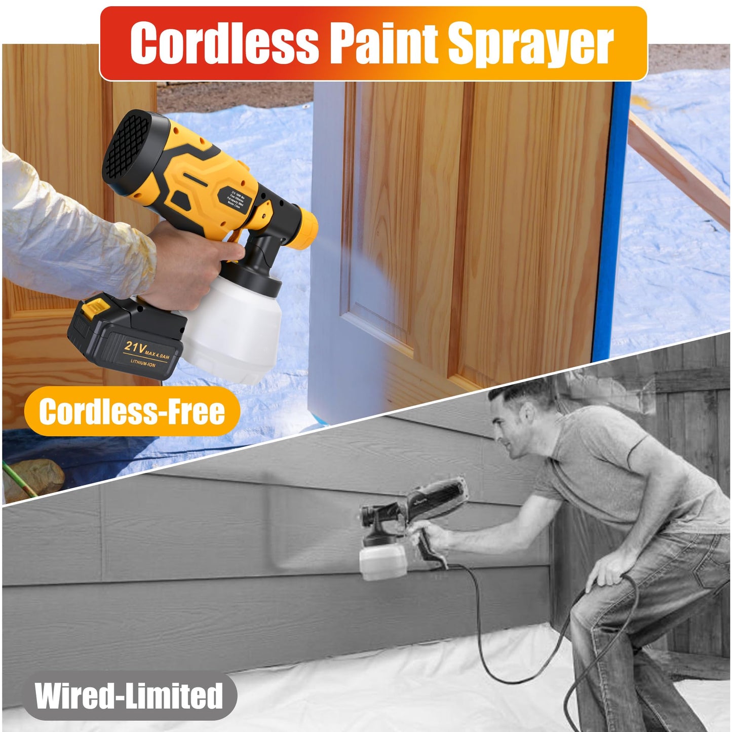 Paint Sprayer with Battery and Charge, 2 X 4.0mah 21v Battery,Cordless Paint Sprayer with 1000ml Large Container, 1.0mm & 2.5mm Nozzles,Electric Spray Paint Gun for House Painting Furniture