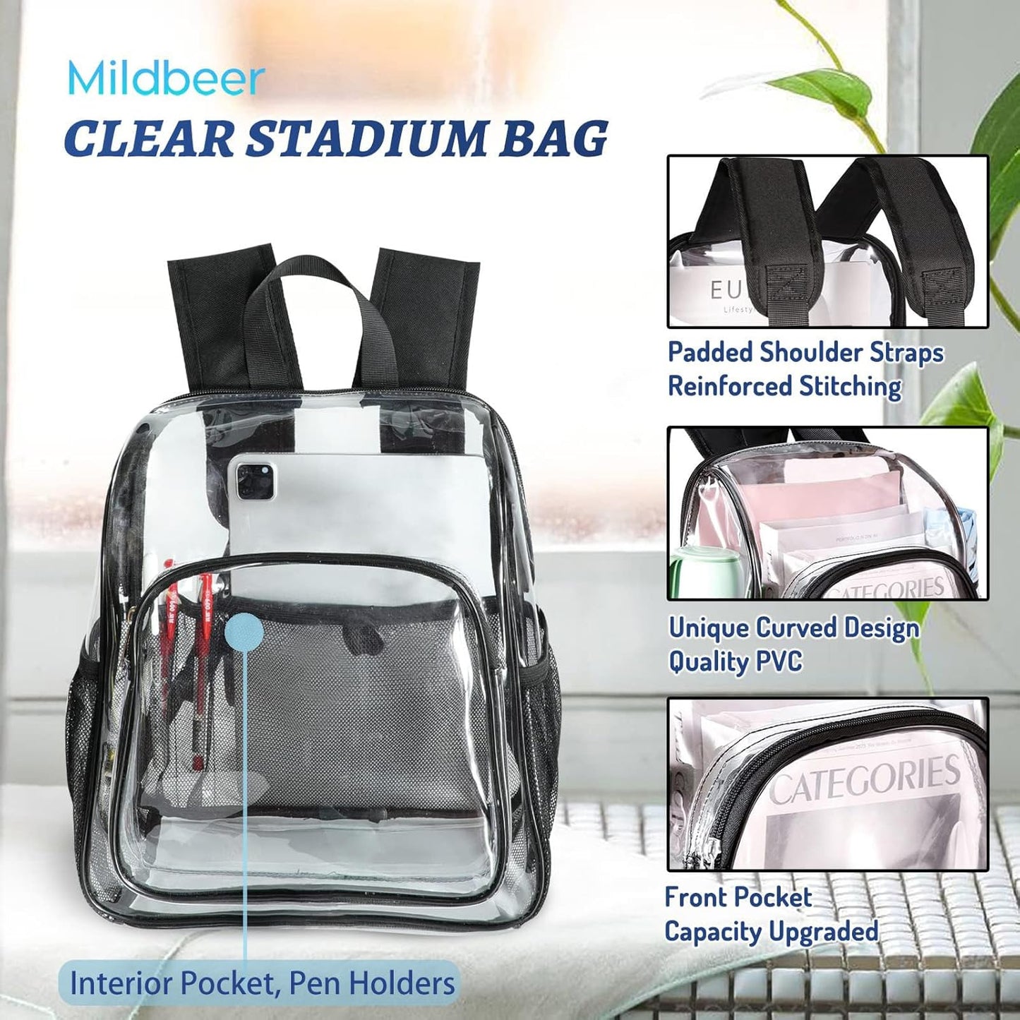Mildbeer Clear Backpack - Stadium Approved 12x12x6 with 2 Bottle Holders | Ideal for Concerts & Festivals
