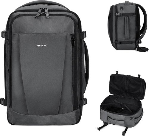 ECOHUB Travel Backpack - Airline Approved Personal Item Bag | Waterproof Large Daypack with 13 Pockets - Light Grey