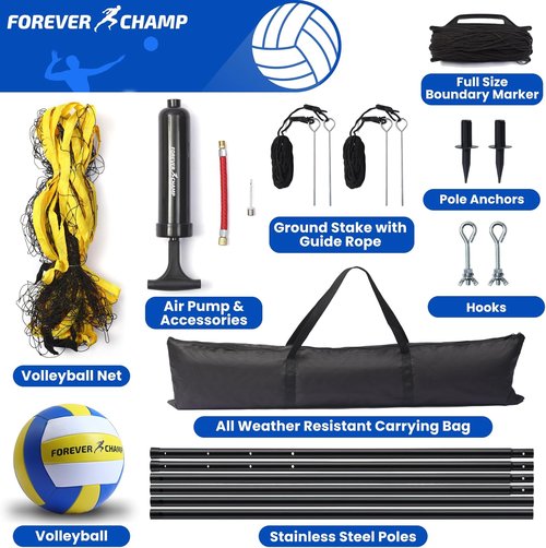 Forever Champ Volleyball Net - Portable 32x3 Ft Regulation Size with PU Volleyball & Carrying Bag