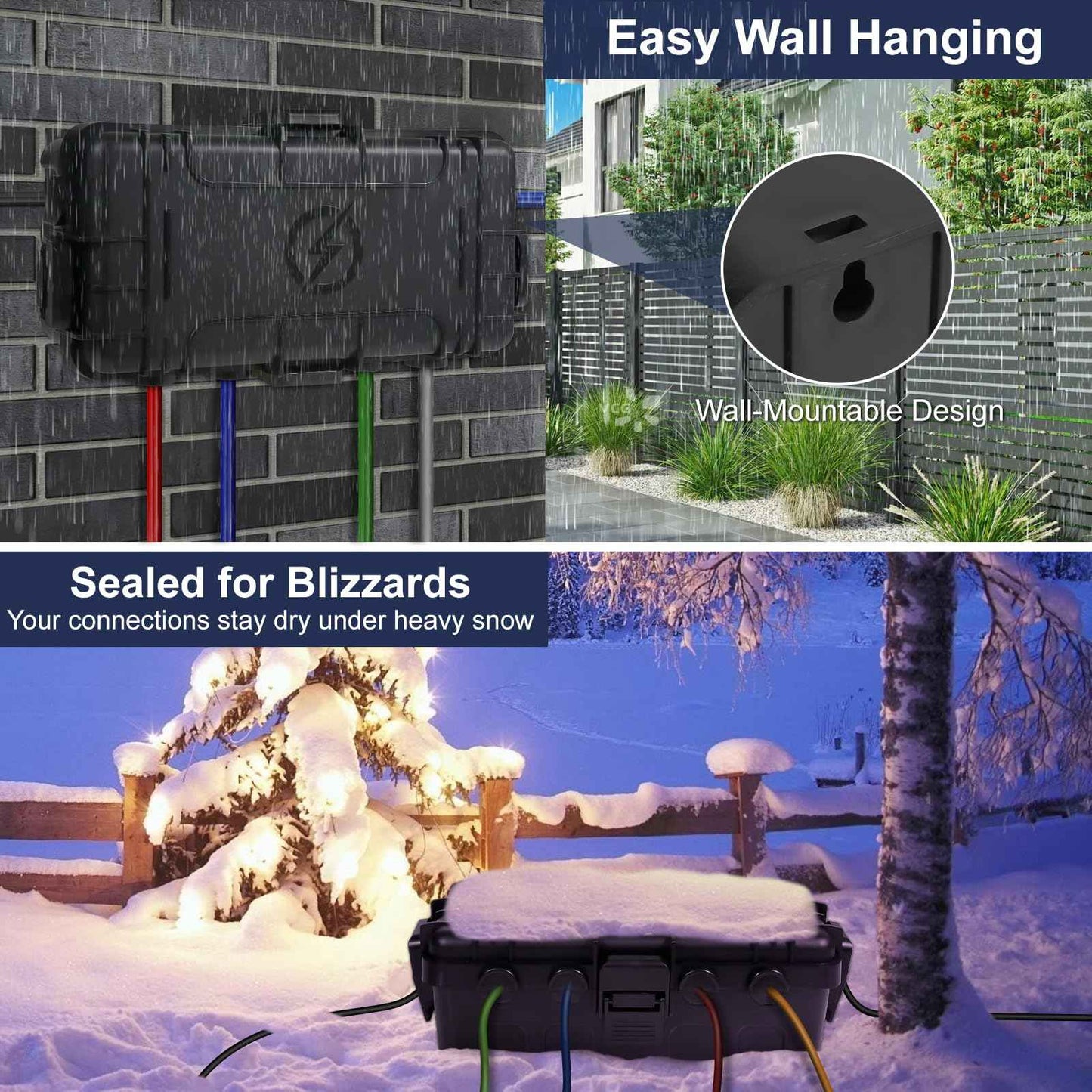 OUTDSPLY Medium Outdoor Electrical Box (11.6x5.7x4.1 inch), IP54 Waterproof Extension Cord Cover w/ 6 Cable Entry, Weatherproof Connection Box for Power Strip, Plug, Timer, Holiday Lights, Black