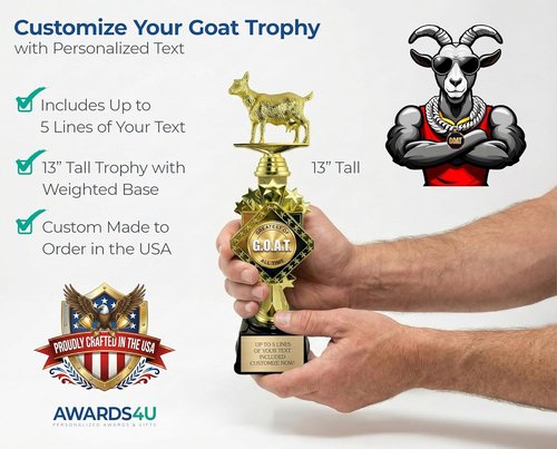 Goat Trophy | 13” Customizable Award with Engraving - Funny 'Greatest of All Time' Gift for Champion