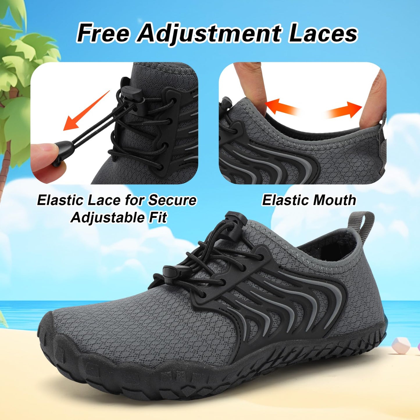 BARERUN Kids Water Shoes Boys Girls Quick Dry Breathable Sports Aqua Sneakers Wide Toe Adjustable Barefoot Non-Slip Lightweight Swimming Beach Pool Shoes Darkgrey Big Kid 2
