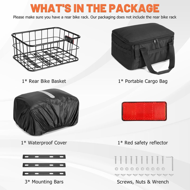 CDYWD Bike Basket Rear for Men Women, Large Bicycle Rack Basket for Adult Bikes with Removable Liner Bag & Waterproof Cover, Heavy Metal Back Cargo Basket for Ebike, Mountain Bike, City Bike, Cruiser