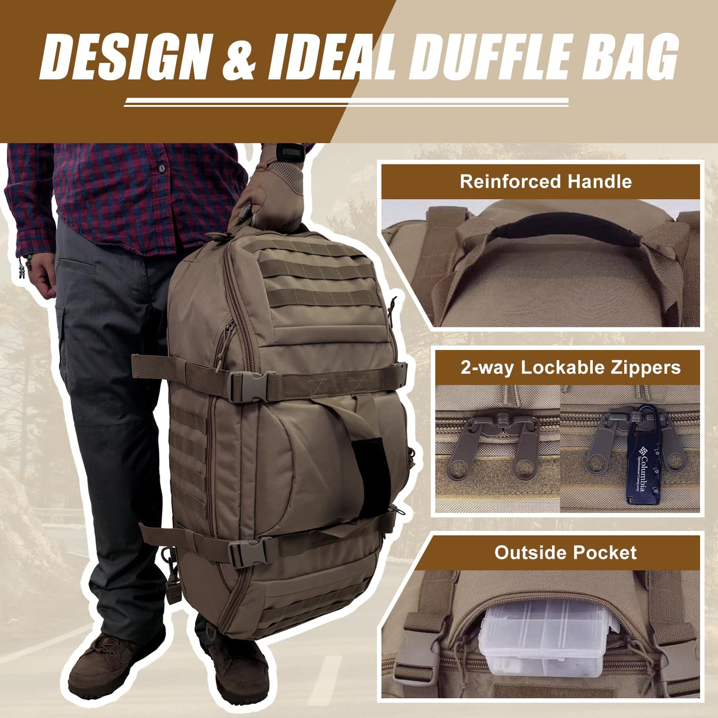 EASY BW 65L Large Travel Gym Duffle Bag Military Tactical Backpack, Army Pack 3 Day Bug Out Bag Rucksack for Outdoor Sport Hiking Camping with Molle System, Coyote